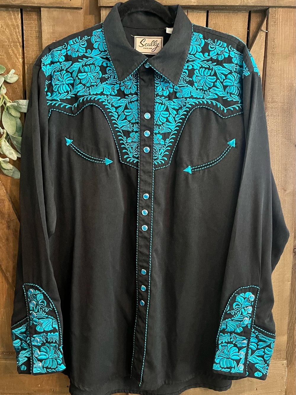 Scully Black Western Shirt with Teal Floral Embroidery